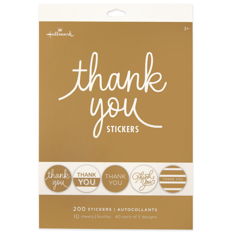 Gold foil thank-you sticker seals in assorted designs, includes 10 sheets of self-adhesive stickers.