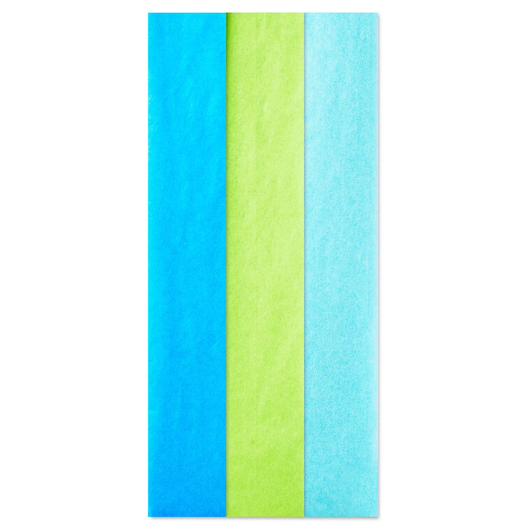 Hallmark tissue paper assortment with 12 sheets in solid blue, citrus green, and aqua for colorful gift wrap.