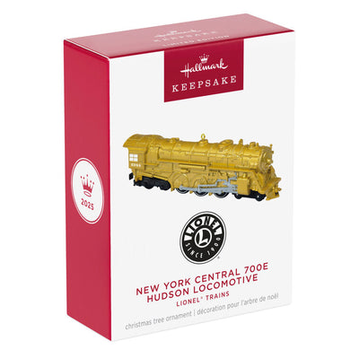 Lionel Trains New York Central 700E Hudson gold metal Christmas ornament by Hallmark Keepsake, die-cast steam engine with shiny metallic finish.