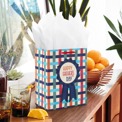 Medium Father's Day gift bag with blue award ribbon on striped basketweave background in orange, red, blue, sage, and cream.
