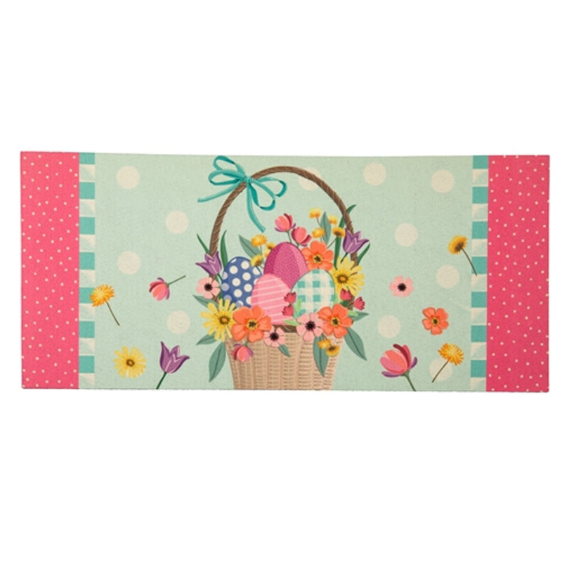 Evergreen Easter Basket switch mat, stain-resistant polyethylene, rubber backing, dimensions 10" W x 22" L x 1/8" D, spot clean only.