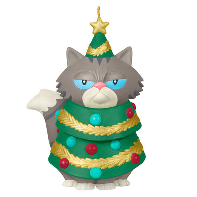 Gray-and-white tabby cat Christmas tree ornament with grumpy face, wearing festive garland and gold star

