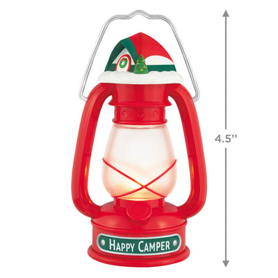 Vintage red lantern ornament topped with red and green tent, retro camping holiday decor

