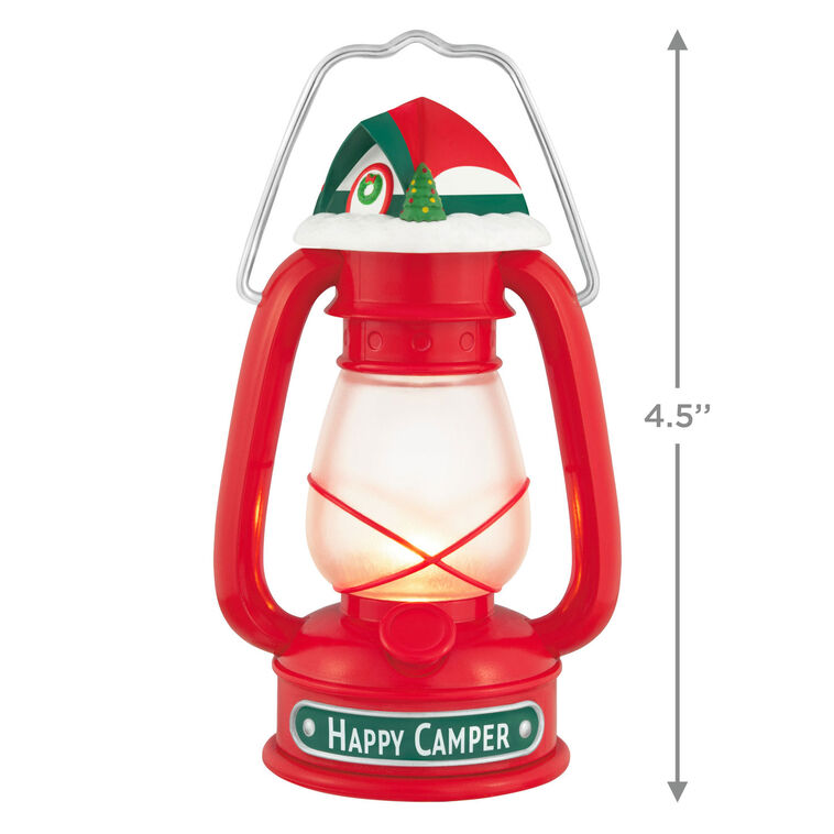 Vintage red lantern ornament topped with red and green tent, retro camping holiday decor

