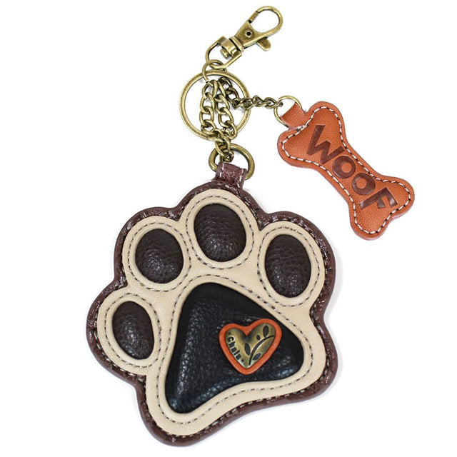 Paw print key fob with rhinestones, textured faux leather trim, antique bronze details, and detailed stitching, perfect for holding your keys in style.