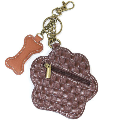 Paw print key fob with rhinestones, textured faux leather trim, antique bronze details, and detailed stitching, perfect for holding your keys in style.