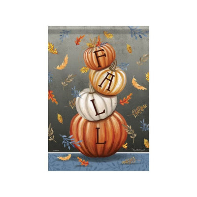 Vertical wooden house flag with three stacked pumpkins and fall leaves
