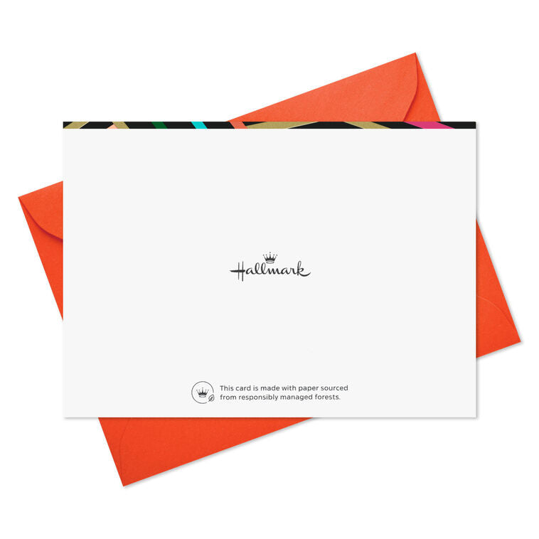 Black thank-you cards with angular neon lines in bold colors and gold foil lettering.
