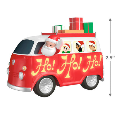 Santa and groovy elves in vintage van Christmas ornament with lights and music, battery operated holiday decoration

