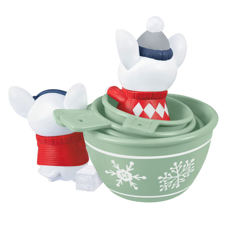 Christmas ornament with two mice in red sweaters and green measuring cups decorated with snowflakes, festive baking theme

