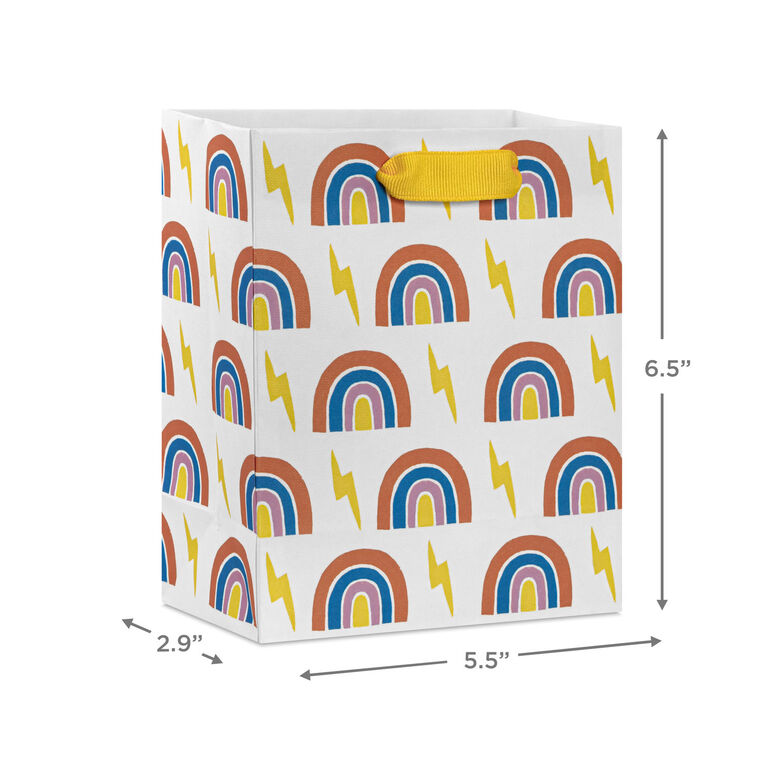 Small Hallmark gift bag with colorful rainbows and yellow lightning bolts on a white background with yellow ribbon handles.