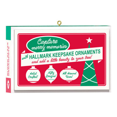 Retro ornament box with three vintage-style glass ornaments: ball, tree, and Santa face