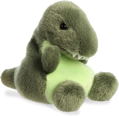 Green plush Tyrannosaurus Rex dinosaur with short arms and yellow eyes.