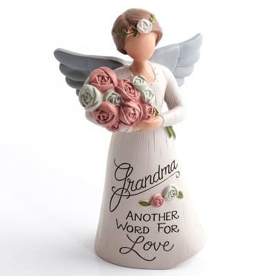 A resin angel figurine labeled “Grandma” with the sentiment “Another word for love,” designed by Deb Strain.
