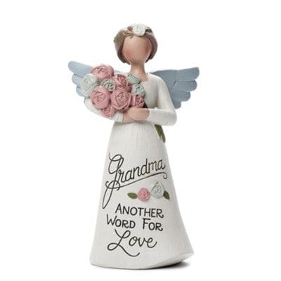 A resin angel figurine labeled “Grandma” with the sentiment “Another word for love,” designed by Deb Strain.
