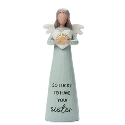 Blossom Bucket Sister Angel Figurine. Resin angel figurine holding flowers with text "So lucky to have you! Sister