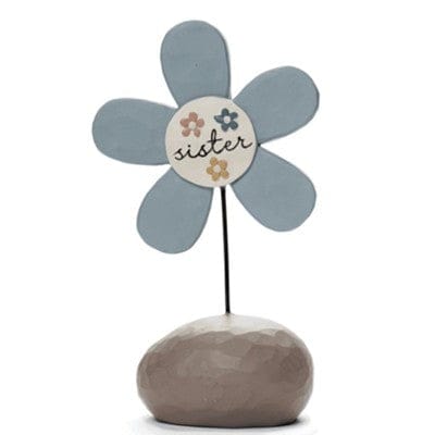 Blossom Bucket Bright Blessings Sister Flower. Blue flower on a rock with text "Sister