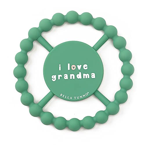 Round silicone baby teether with beaded texture and "I Love Gma" text, designed for safe teething relief.