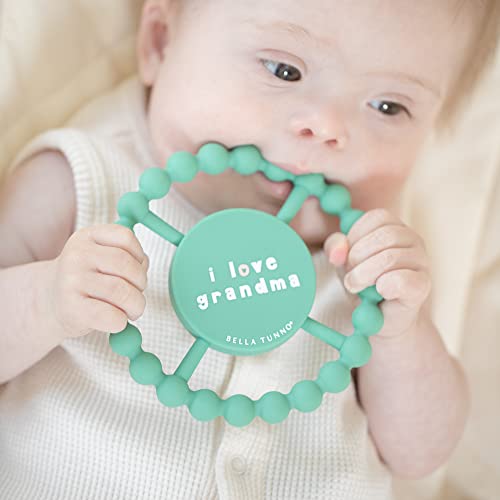 Round silicone baby teether with beaded texture and "I Love Gma" text, designed for safe teething relief.