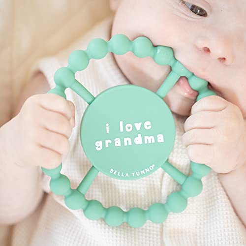 Round silicone baby teether with beaded texture and "I Love Gma" text, designed for safe teething relief.