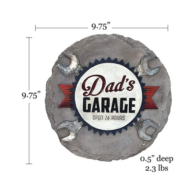 Spoontiques Dad’s Garage Stepping Stone, round garage-themed garden stone with sculpted details, perfect for indoor or outdoor décor.