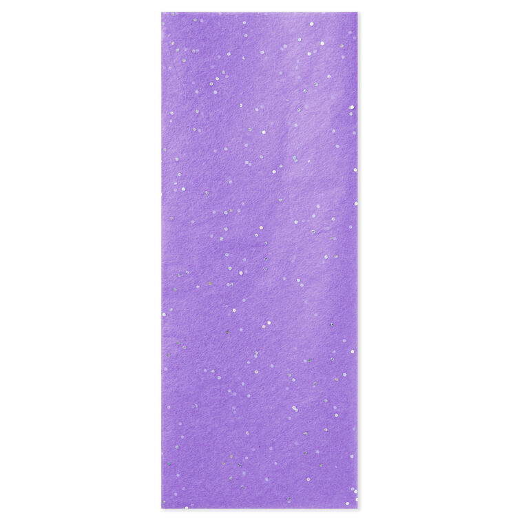 Hallmark amethyst tissue paper with iridescent dots, shown folded, styled in a gift bag, and displayed flat to highlight the shimmer.