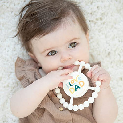 Silicone teething toy with 'I Love Dad' phrase and soft textured design, ideal for soothing sore gums and sensory stimulation.