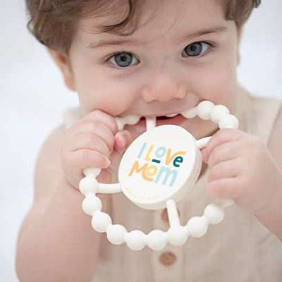 Silicone teething toy with 'I Love Mom' phrase and soft textured design, perfect for soothing sore gums.