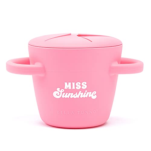 Bella Tunno Miss Sunshine Snack Cup with mess-proof lid, soft silicone opening, and easy-grip handles.