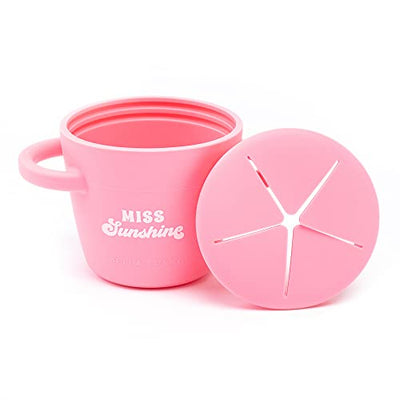 Bella Tunno Miss Sunshine Snack Cup with mess-proof lid, soft silicone opening, and easy-grip handles.