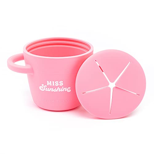Bella Tunno Miss Sunshine Snack Cup with mess-proof lid, soft silicone opening, and easy-grip handles.