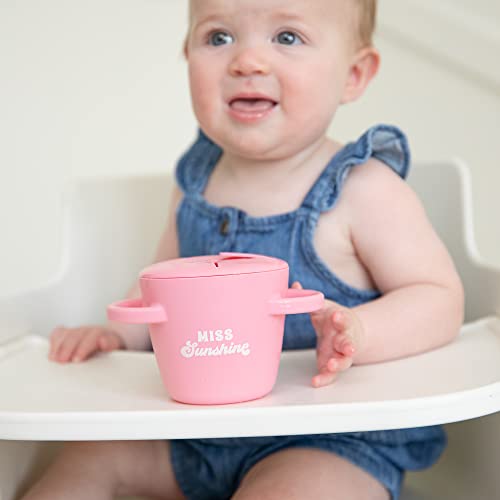Bella Tunno Miss Sunshine Snack Cup with mess-proof lid, soft silicone opening, and easy-grip handles.