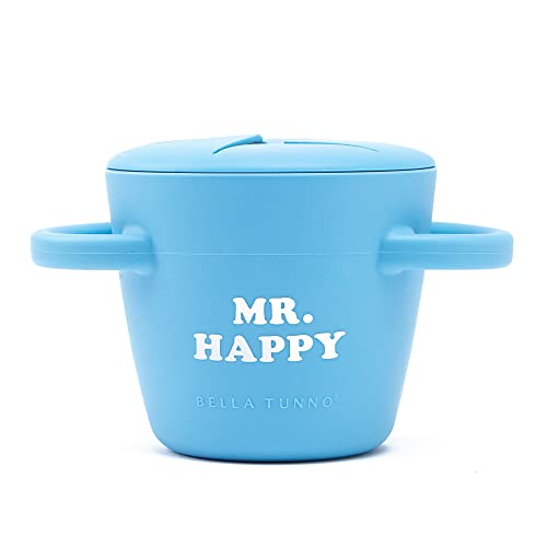 Bella Tunno Mr. Happy Happy Snacker silicone snack cup with snug fit lid, soft opening, and easy-grip handles.