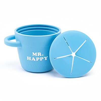 Bella Tunno Mr. Happy Happy Snacker silicone snack cup with snug fit lid, soft opening, and easy-grip handles.
