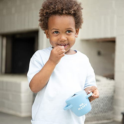 Bella Tunno Mr. Happy Happy Snacker silicone snack cup with snug fit lid, soft opening, and easy-grip handles.