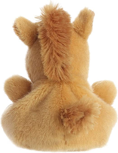 Brown plush horse with a white mane and tail. It has black button eyes and a stitched smile.