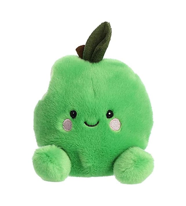 Green plush apple with a bite taken out and a stitched smile.