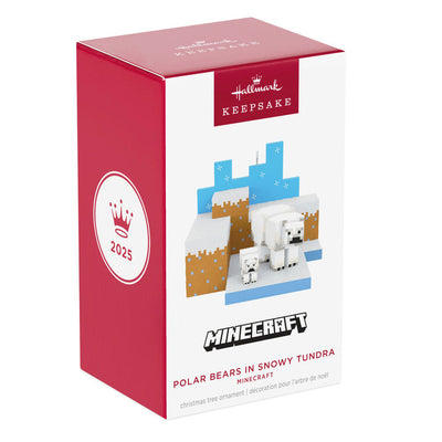 Minecraft polar bears ornament, adult and cub in pixelated snowy tundra habitat, Hallmark Keepsake, Christmas decoration, gamer collectible.
