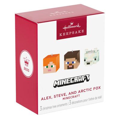 Set of three Minecraft mini ornaments featuring Alex, Steve, and an arctic fox heads in pixelated cube style with dimensional ears.