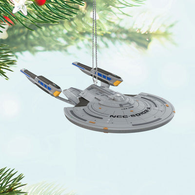 U.S.S. Titan-A starship ornament from Star Trek Picard, Constitution III-class, silver with blue accents, Hallmark collectible
