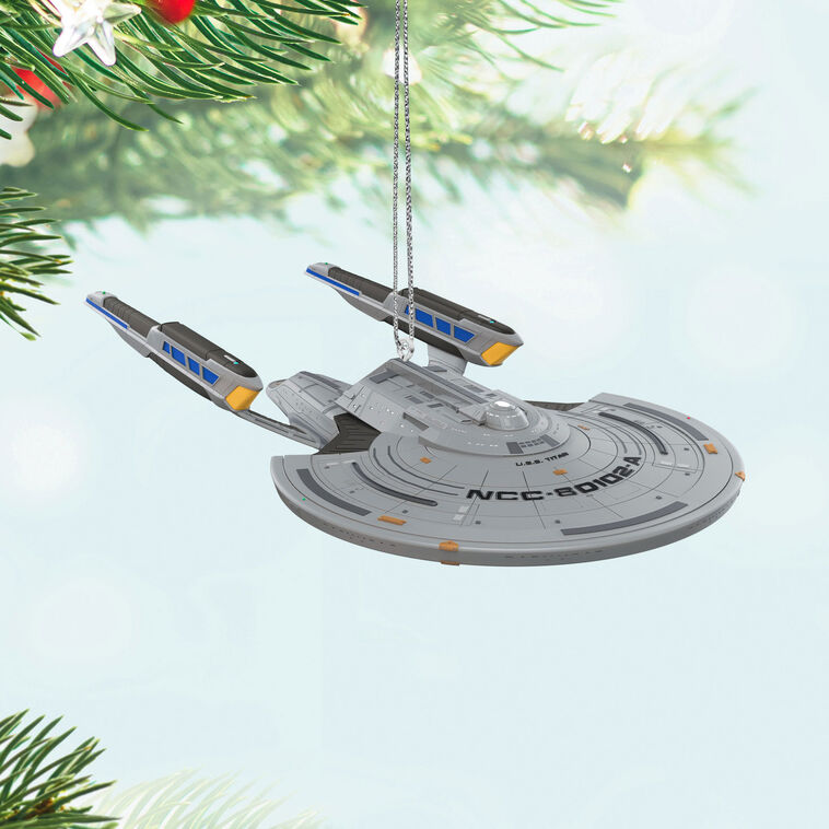 U.S.S. Titan-A starship ornament from Star Trek Picard, Constitution III-class, silver with blue accents, Hallmark collectible
