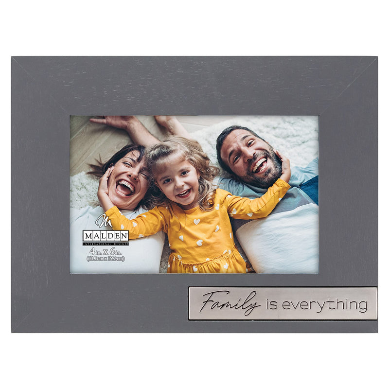 Gray MDF wood picture frame with silver “Family is Everything” plaque and space for a 4x6 horizontal photo.

