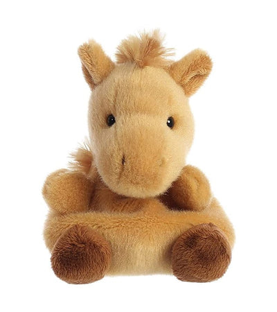 Brown plush horse with a white mane and tail. It has black button eyes and a stitched smile.