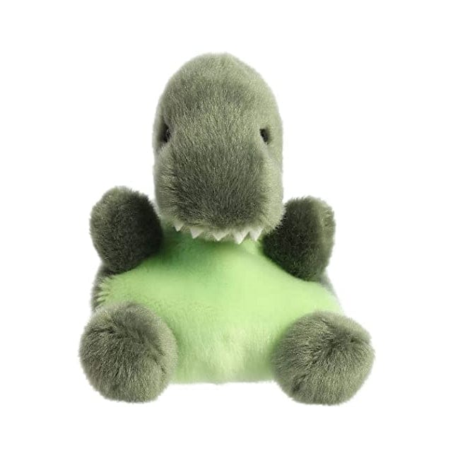 Green plush Tyrannosaurus Rex dinosaur with short arms and yellow eyes.