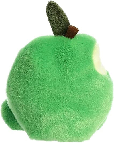 Green plush apple with a bite taken out and a stitched smile.