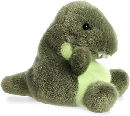 Green plush Tyrannosaurus Rex dinosaur with short arms and yellow eyes.