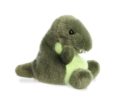 Green plush Tyrannosaurus Rex dinosaur with short arms and yellow eyes.