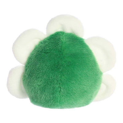 A green plush toy shaped like a flower with white petals.