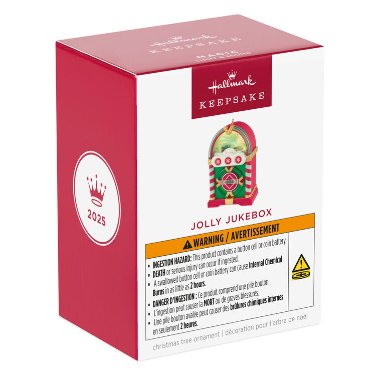 Retro jukebox Christmas ornament with lights and sound, plays three classic holiday tunes, battery operated

