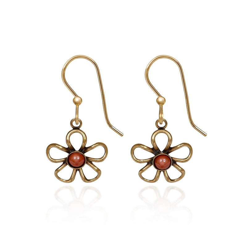Silver Forest gold-tone wirey flower earrings with genuine jasper center, handcrafted with 18kt gold over surgical steel ear 
